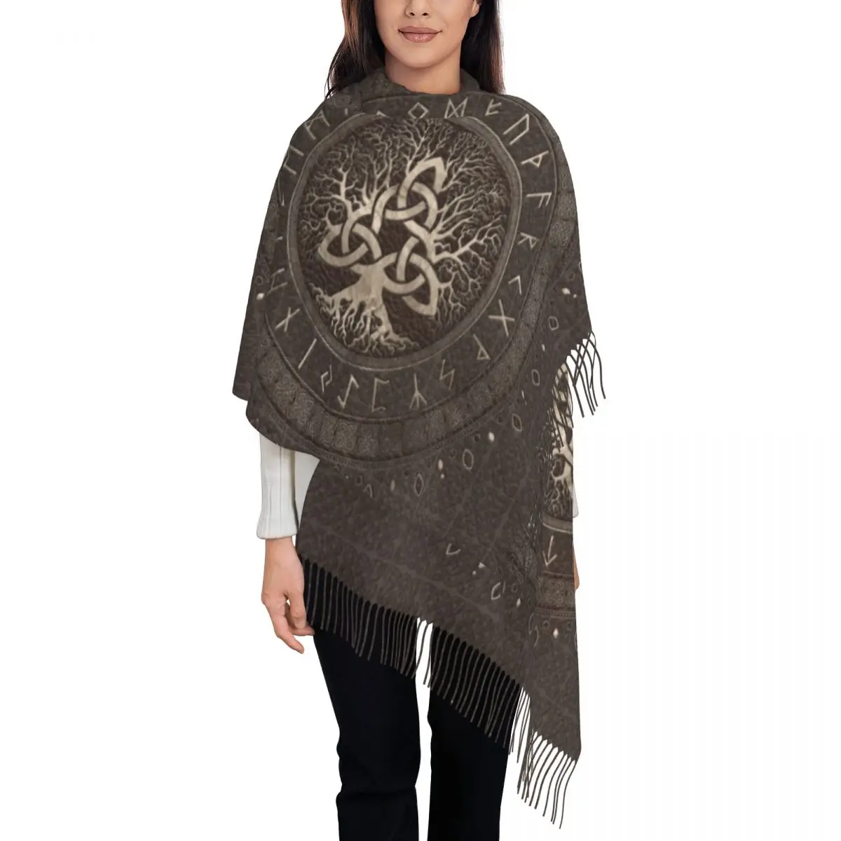 Tree Of Life With Triquetra Brown Leather And Gold Tassel Scarf Soft Viking Norse Yggdrasil Shawls Wraps Winter Fall Scarves