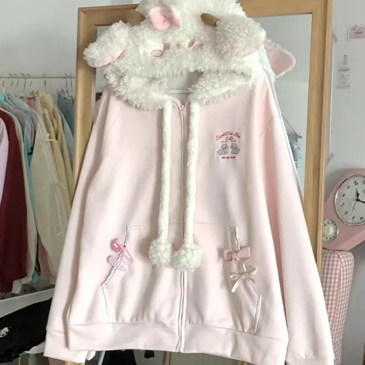 

Autumn Kawaii Sweet Long Sleeve Loose Coat Women Japanese Cute Zipper Embroidery Hoodie Female Casual Chic Solid Lovely Overcoat