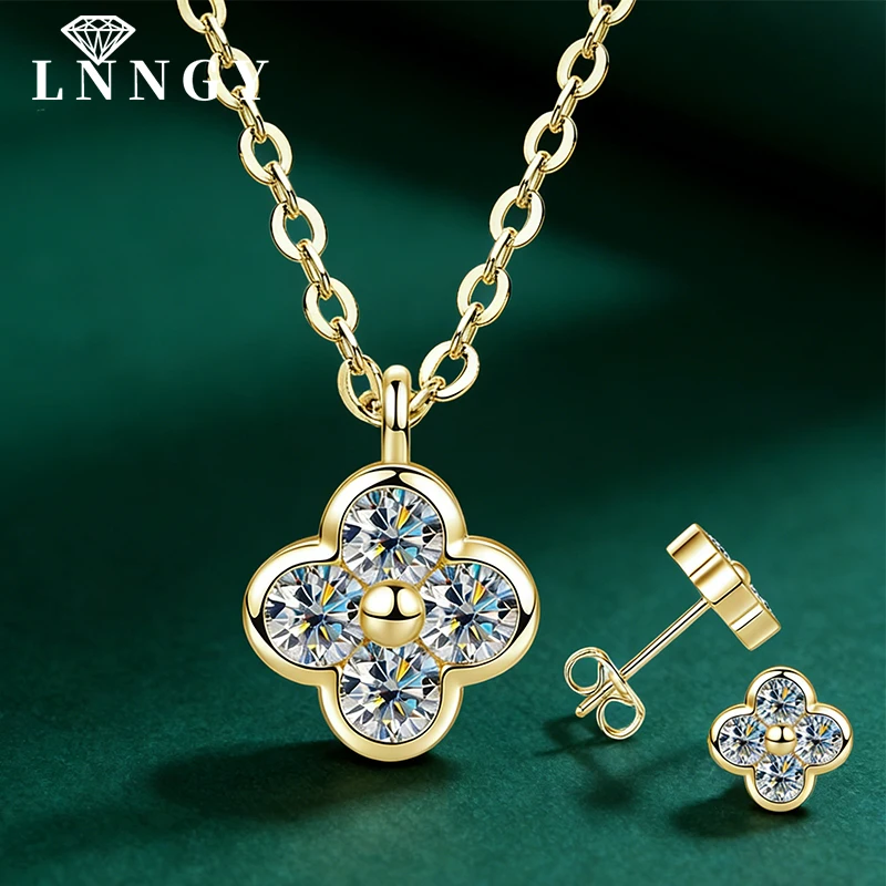 Lnngy Exquisite Four Leaf Flower Shape Earring Pendant Necklace Moissanite Necklaces Stud Earrings Jewelry Set For Women Gift