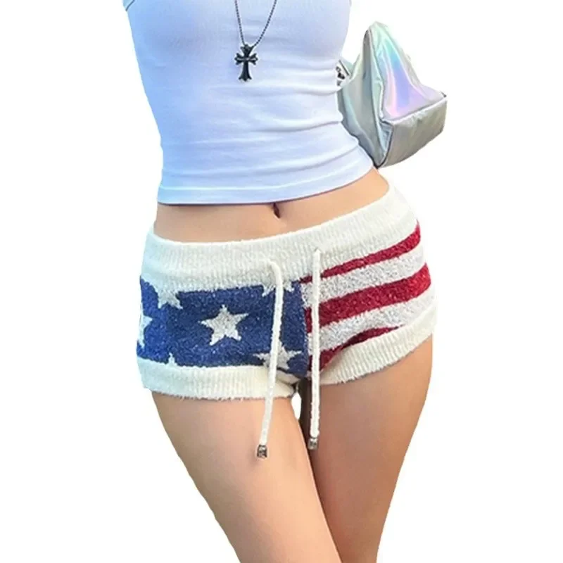 섹시한 로우 허리 스타 줄무늬 대비 색 니트 모직 반바지 여성 레이스 업 슬림 복고풍 스타일 핫 바지