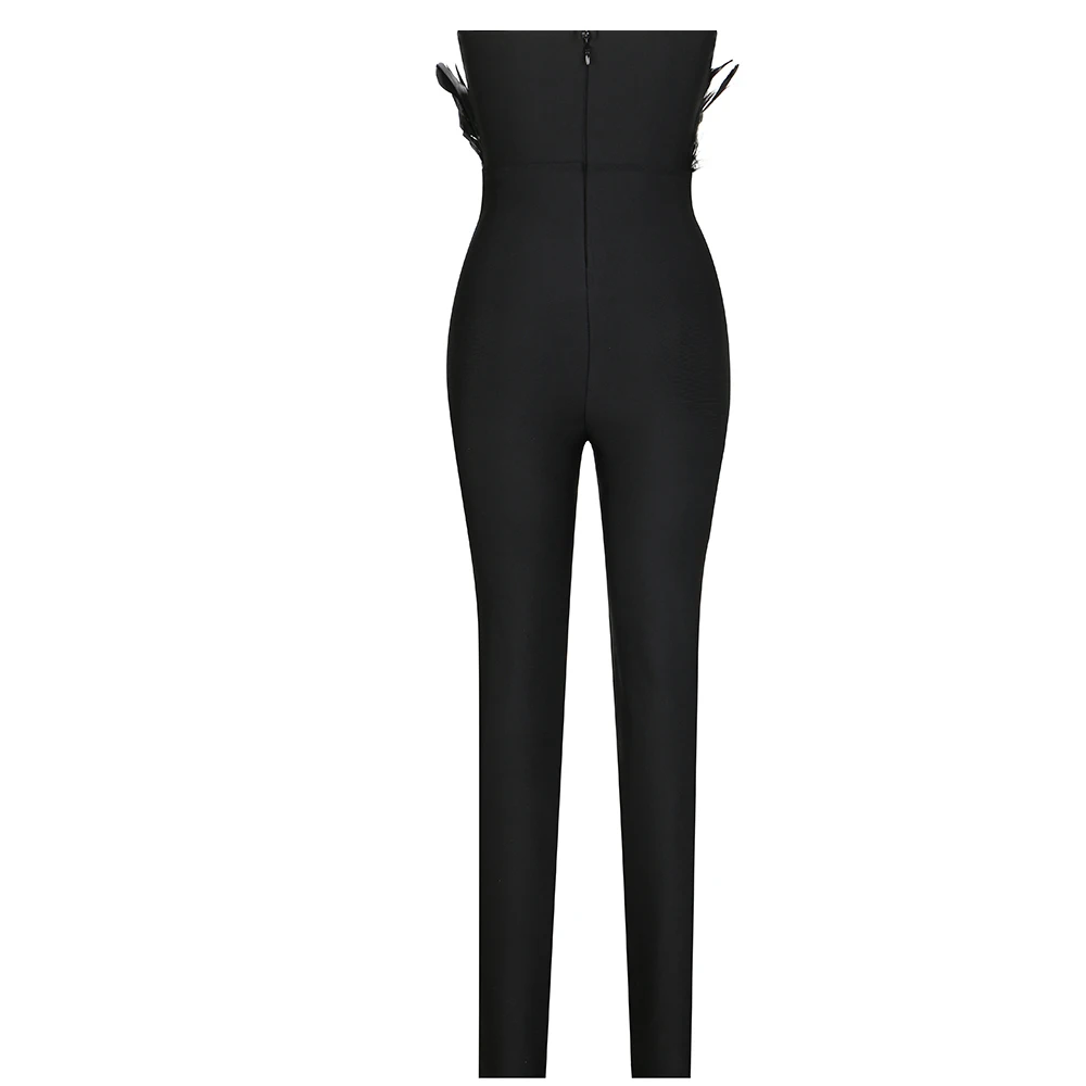 Casual Ladies Outfits Black Elegant Feathers Bandage Jumpsuit Chic Women's Clothing Sleeveless Backless Slimming Pantsuit