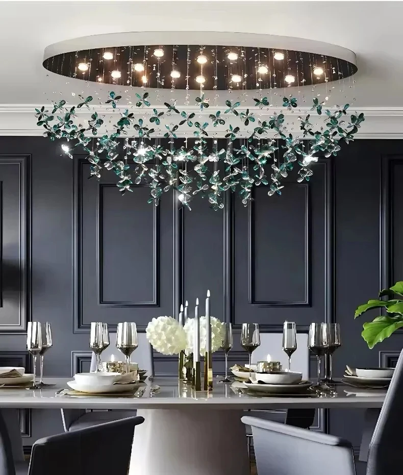 Green Crystal Ceiling Light Main for Hall Duplex Villa Staircase Pendant Chandelier with Chrome Colored Ceiling Plate Fixture