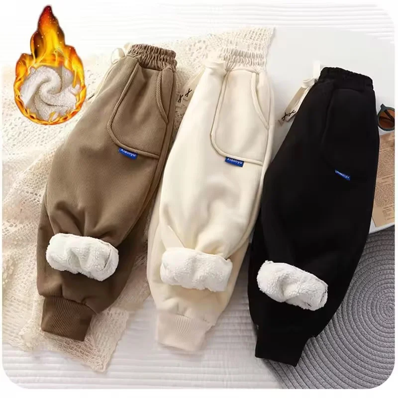 Kids Fleece Lined Pants Boys Girls Plus Velvet Thick Warm Trousers Autumn Winter Padded Casual Pants Children Clothes 3-12 Years