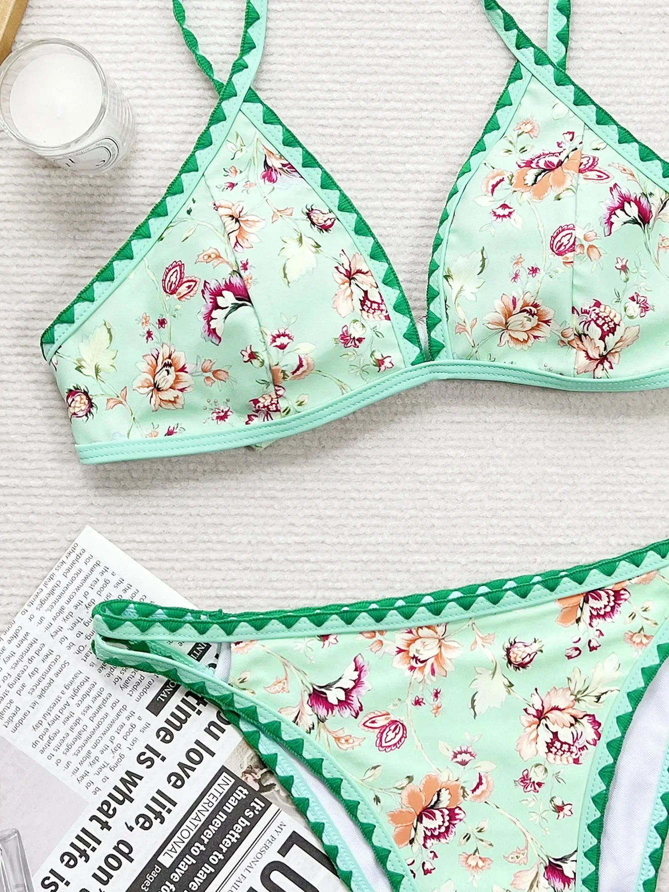 Light Green Print Swimsuit for Women,2024 New 2 Piece Bikini,summer Beach Vacation High Waist Hollow Out Suspender Swimwear