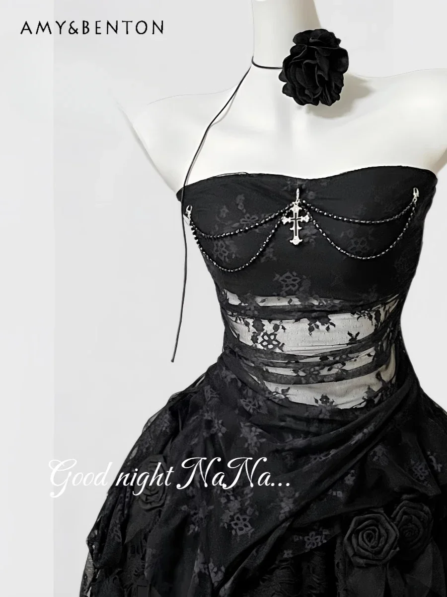 Sous-culture fille foncée imprimé fleur chaîne croisée bustier tubulaire jupe mi-longue irrégulière dentelle gothique deux pièces ensembles tenues pour femmes
