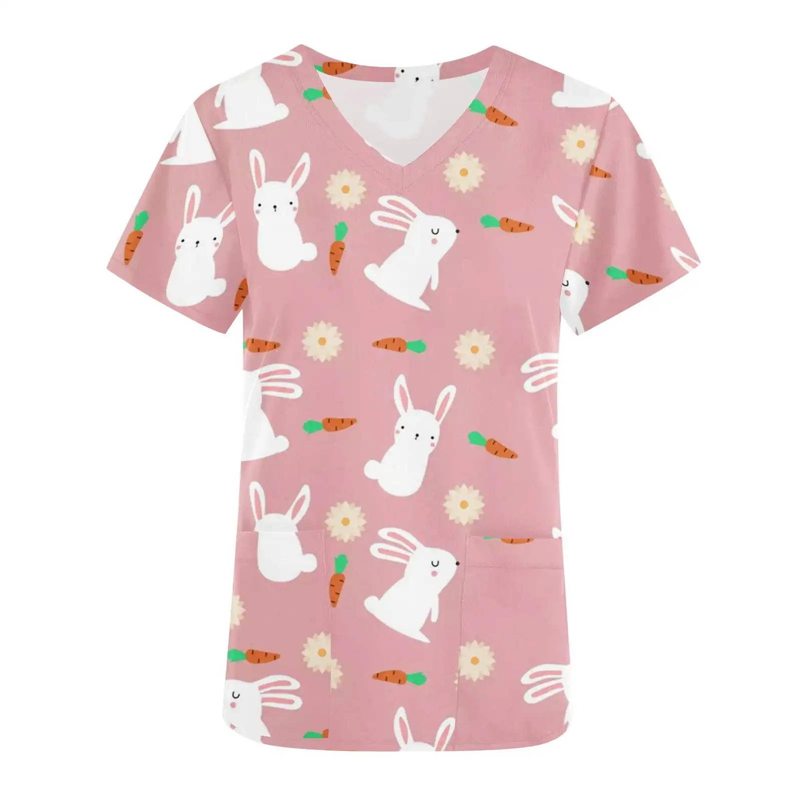 Uniforme médico con estampado de dibujos animados de conejo para mujer, Blusa de manga corta con cuello en V y doble bolsillo, uniformes quirúrgicos para mujer