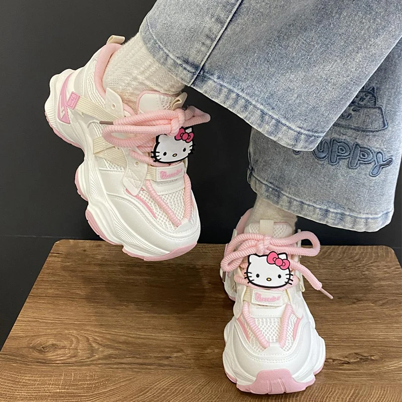 Kawaii Sanrio Hello Kitty Sport Shoes for Women Cartoon Lace Up Running Casual Sneaker Breathable Tennis Flat Trainers Trend