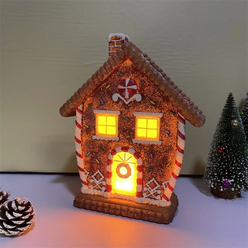 Gingerbread House with LED Light Resin Christmas Candy House Statue Christmas Party New Year Home Decoration Desktop Ornaments