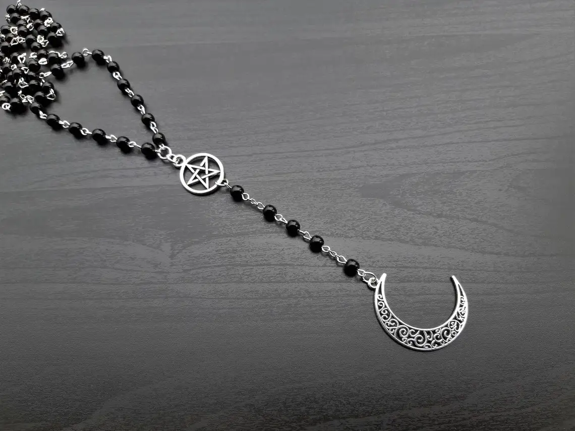 Gothic Long Pentagram Necklace, Bright Moon, Wiccan Pagan Rosary Rosary Black Beads