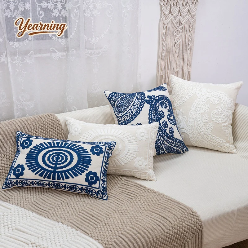 

New Nordic 3D Geometric Embroidered Pillowcase - Blue & White Striped Chenille Sofa Lumbar Cushion Cover