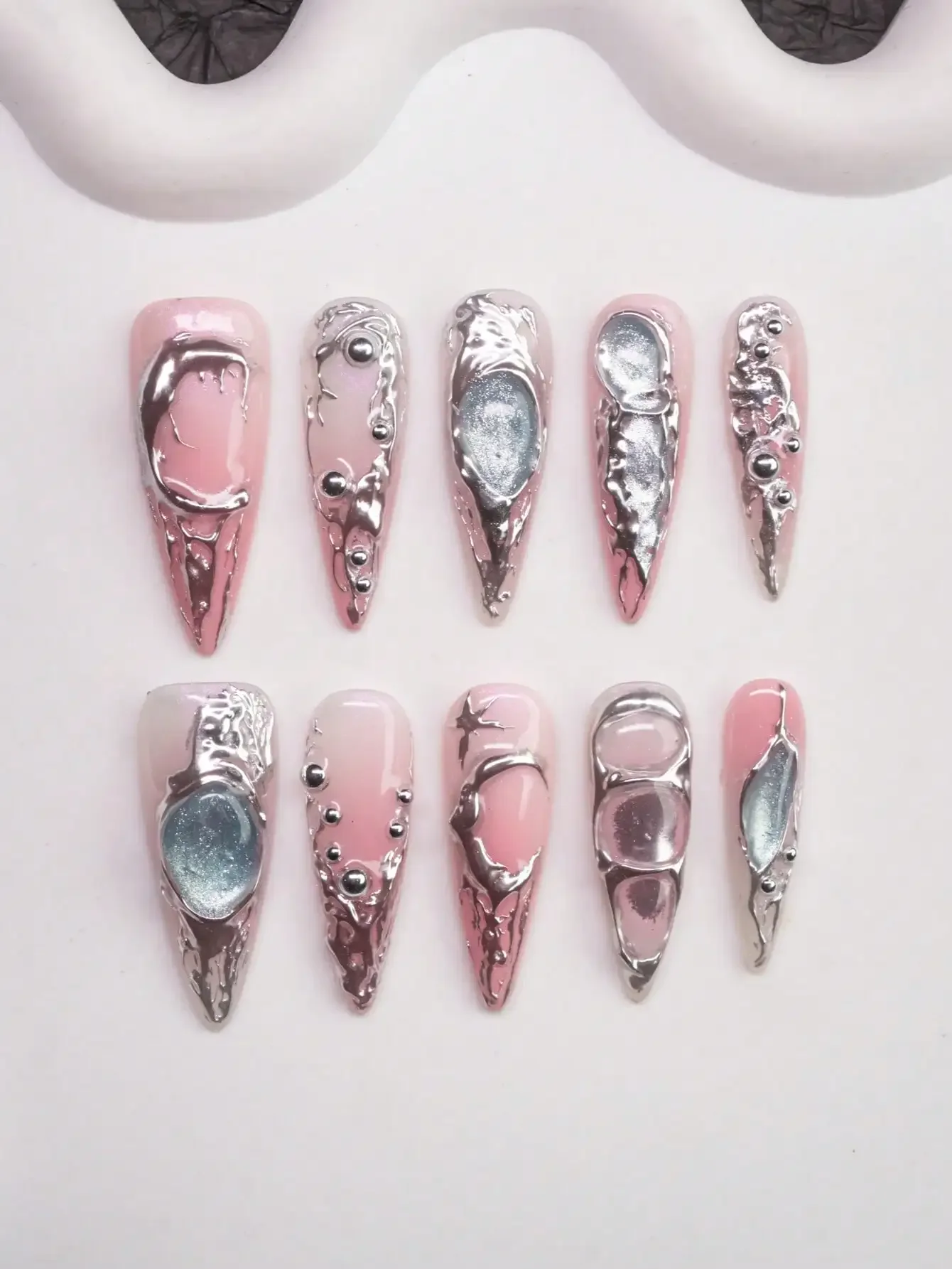 

Summer Handmade Almond-Shaped False Nails, Y2K Girly Style, 10Pcs/Set With 3 Size Options, Includes Pink Cat Eye Nails