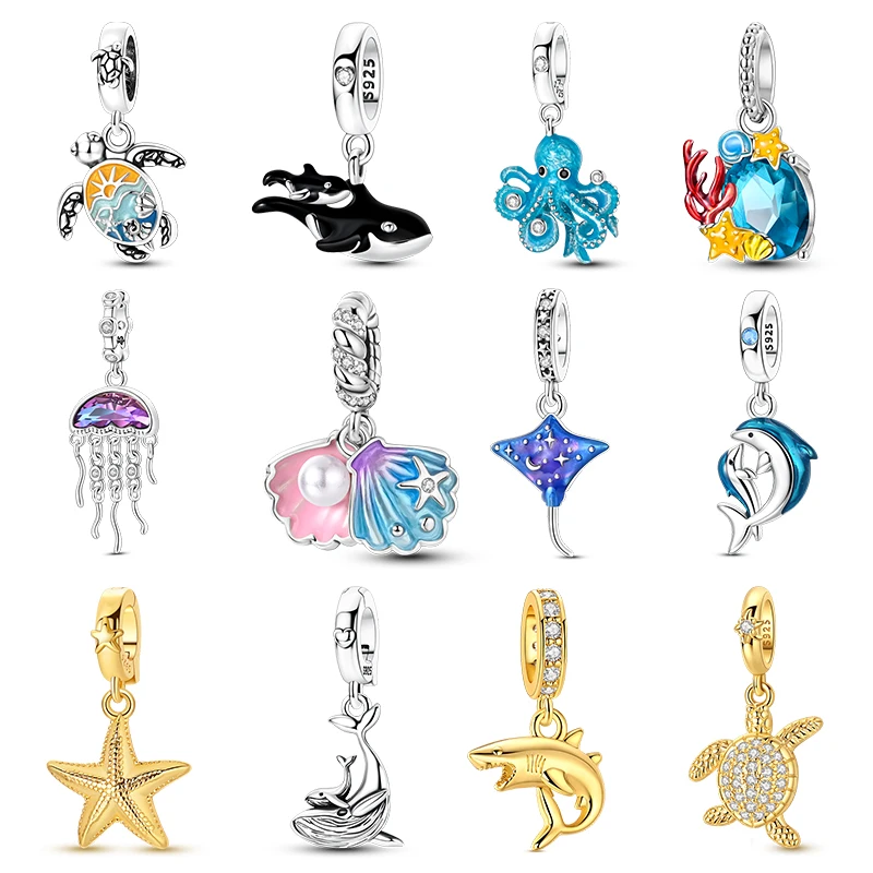 925 Sterling Silver Ocean Charms Pendant CZ Zircon Turtle Orca Coral Dolphin Dangle Fit Original Bracelet DIY Women Jewelry Gift