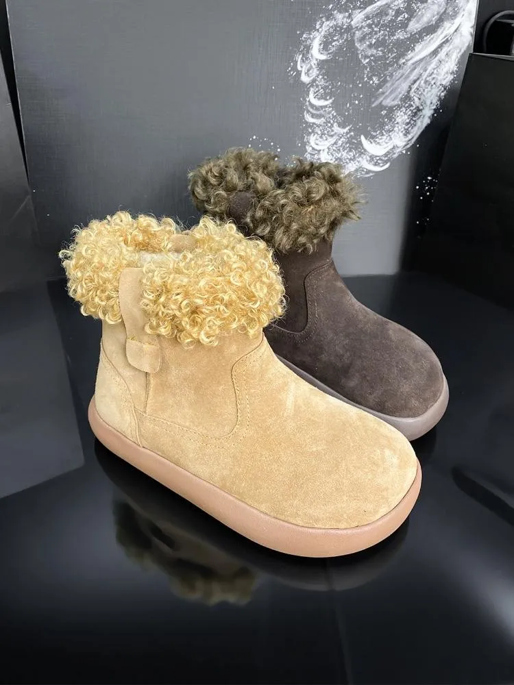 New Winter Warm Ladies Snow Boots Comfortable Cow Genuine Leather Round Toe Ankle Boots Fleece Lining Mid Heel Handmade Footwear