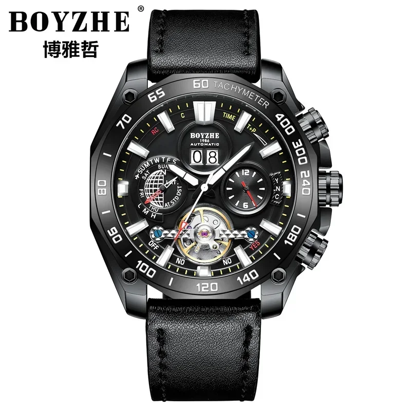 KINYUED Men's Watch Automatic Mechanical Business Leather Strap Wrist Watch Flywheel Hollow Out Multifunctional Watches for Man