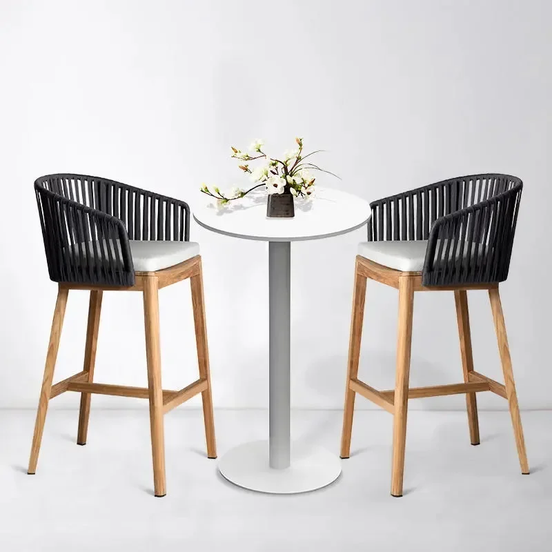 Rope Outdoor Bar Chair Outdoor Bar Tall Hotel Cafe Outdoor Leisure Teak Bar Rattan Solid Wood Chair