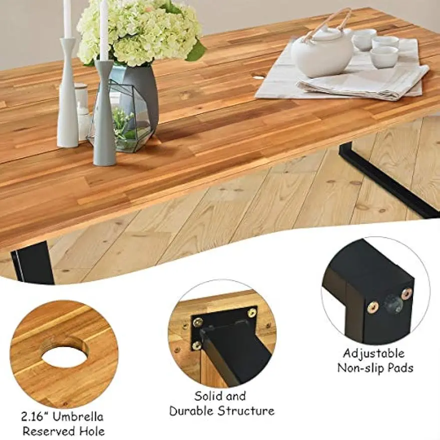 7PCS Outdoor Dining Set, Patented Patio Furniture Set w/Large Rectangle Acacia Wood Table Top, Rattan Chairs with Steel Frame