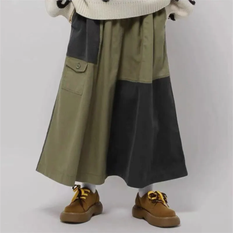 

Johnature Autumn New Casual Women Skirt Forest Vintage Color-blocked High-waisted Patchwork Hit Colors Skirt For Women