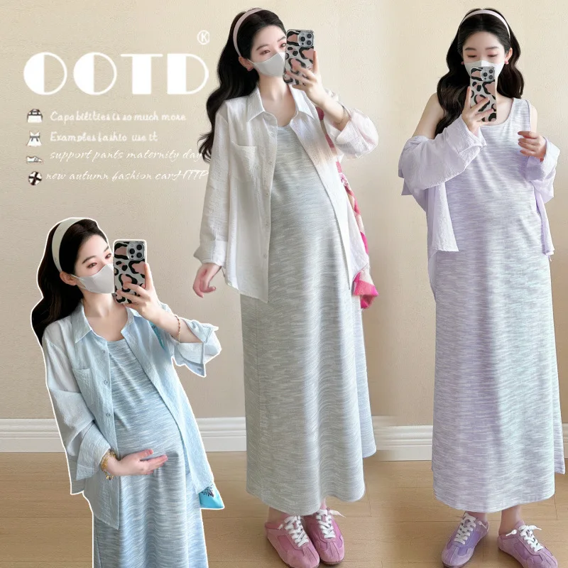 Maternity Suit Summer 2026 Minimalist Versatile Striped Sleeveless Dress and Long Sleeve Shirt for Pregnant Women Daily Wear
