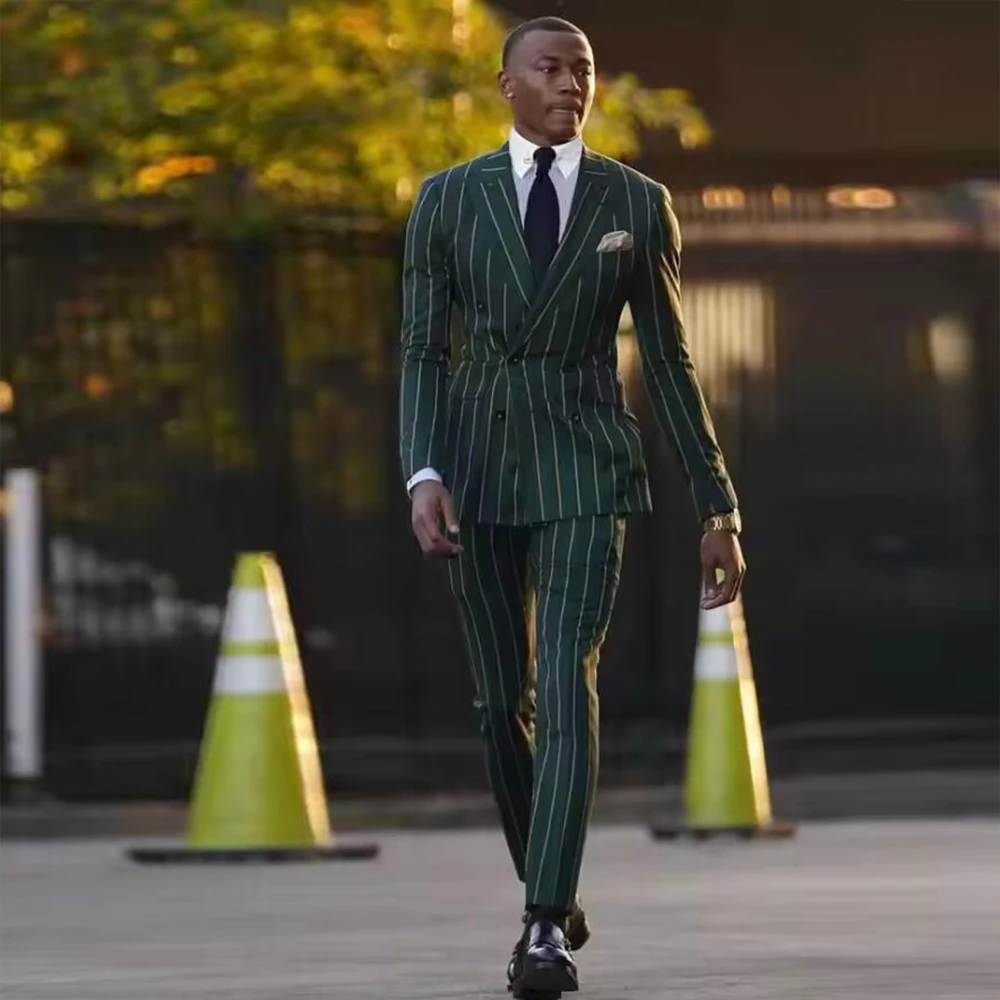 

Elegant Man Business Suits Double Breasted Groom Formal Party Green Stripes Wedding Tuxedos Customized 2 Pieces (Jacket Pants)