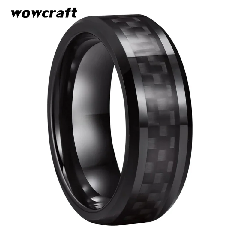 Fashion Tungsten Carbide Rings for Men Black Carbon Fiber Inlay Beveled Edges Comfort Fit Wedding Bands No Engraving