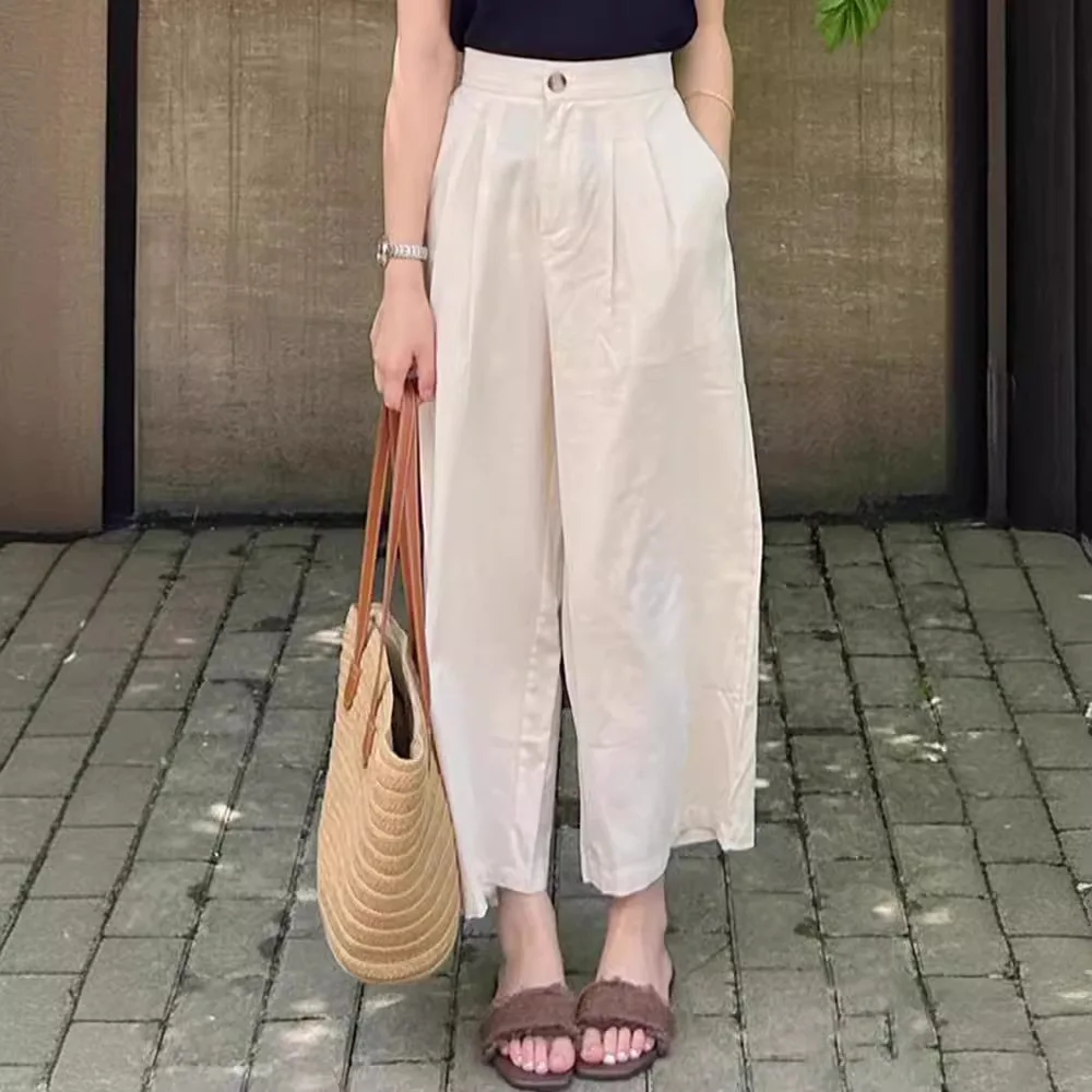 

2025 Women Casual Loose Cropped Pants For Summer High Waist Calf Length Wide Leg Trousers Solid Color Dropshipping