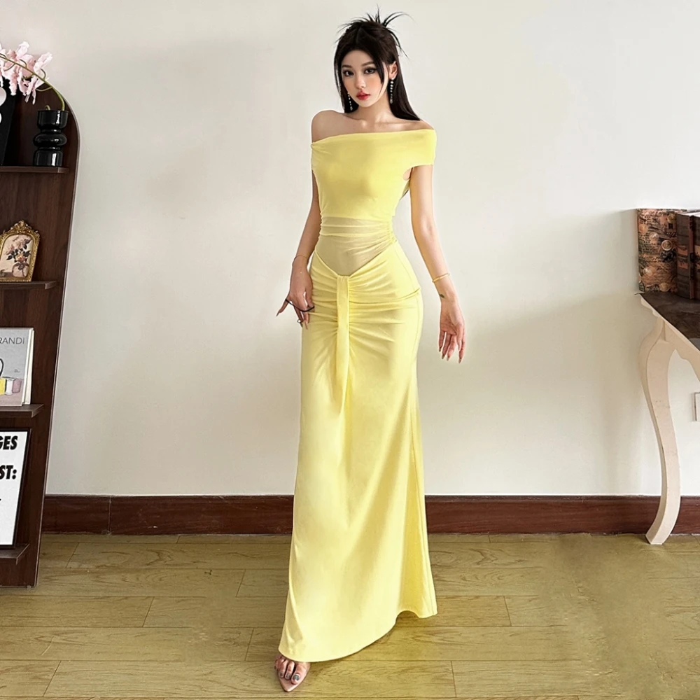 SylCue メッシュパッチワークロングドレス女性の夏のトレンドオフショルダー背中の開いたミッドナイトウエディングパーティーシャーリングエレガントなスキニー Vestidos