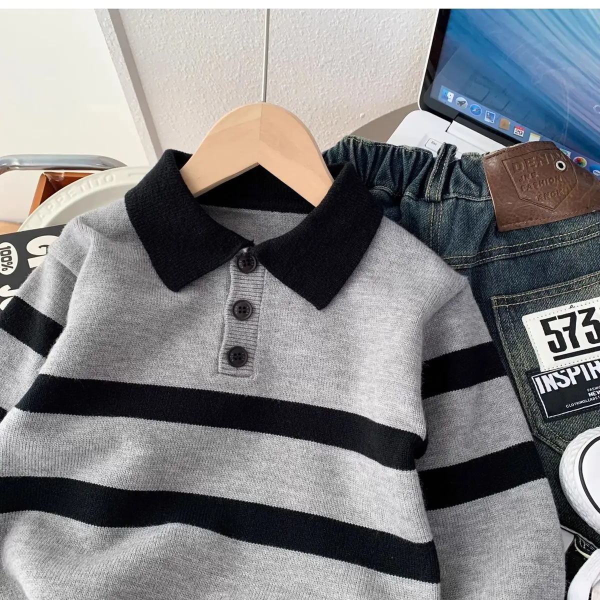 Children's Sweater Autumn/Winter New Boys' Top Casual POLO Knitted Shirt Boys' Baby Warm Bottom Shirt