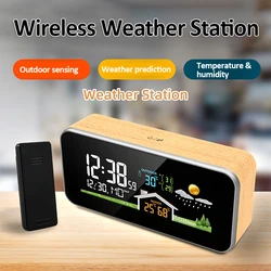 Wireless Weather Station Wooden Alarm Clock Digital Thermometer Humidity Temperature Wireless Sensor Home TimeWatch Desktop