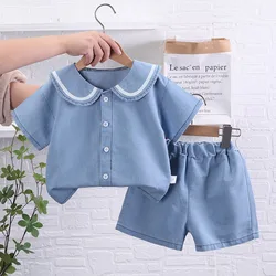 Blue Preppy Style Baby Girl Summer Clothes Sets Comfortable Shirts+Shorts Breathable Beach Travel Clothing Set Toddler GY02211