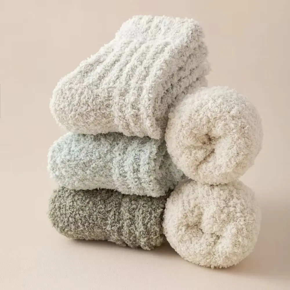 4Pairs Kawaii Thickened Coral Fleece Socks Winter Simple Floor Plush Socks Hosiery Sleeping Mid Tube Socks Women Winter