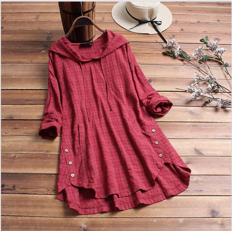 Women Blouse 2024 Autumn Plaid Checked Hoodies Long Sleeve Shirt Casual Cotton Tunic Tops Hooded  Femme Top