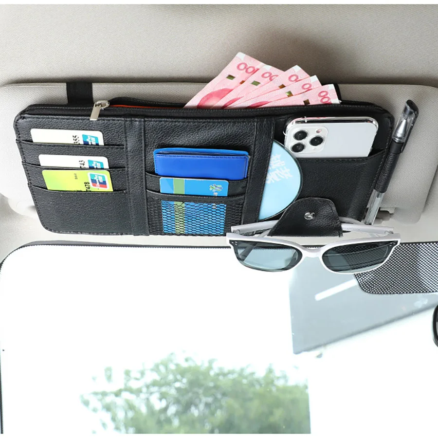 Organizzatore per visiera parasole per auto in pelle PU Porta carte per fatture Porta telefono per CD Occhiali da sole Clip Custodia per visiera parasole con tasca portaoggetti con cerniera