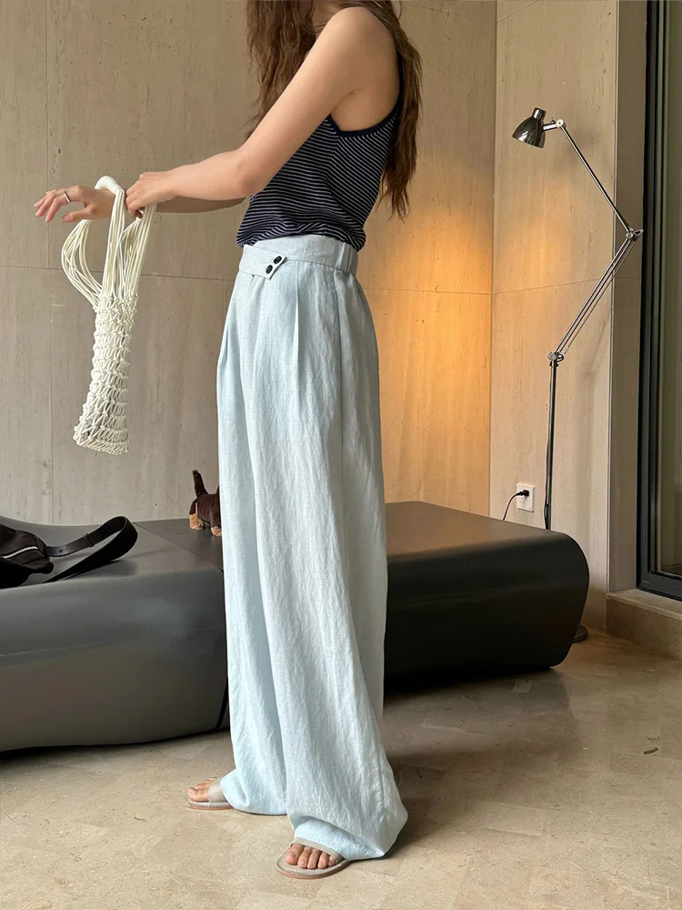 2024 Summer Women Vintage Slanted Front Linen Suit Pants Korean Fashion Workwear Ladies Thin Breathable High Waist Trousers