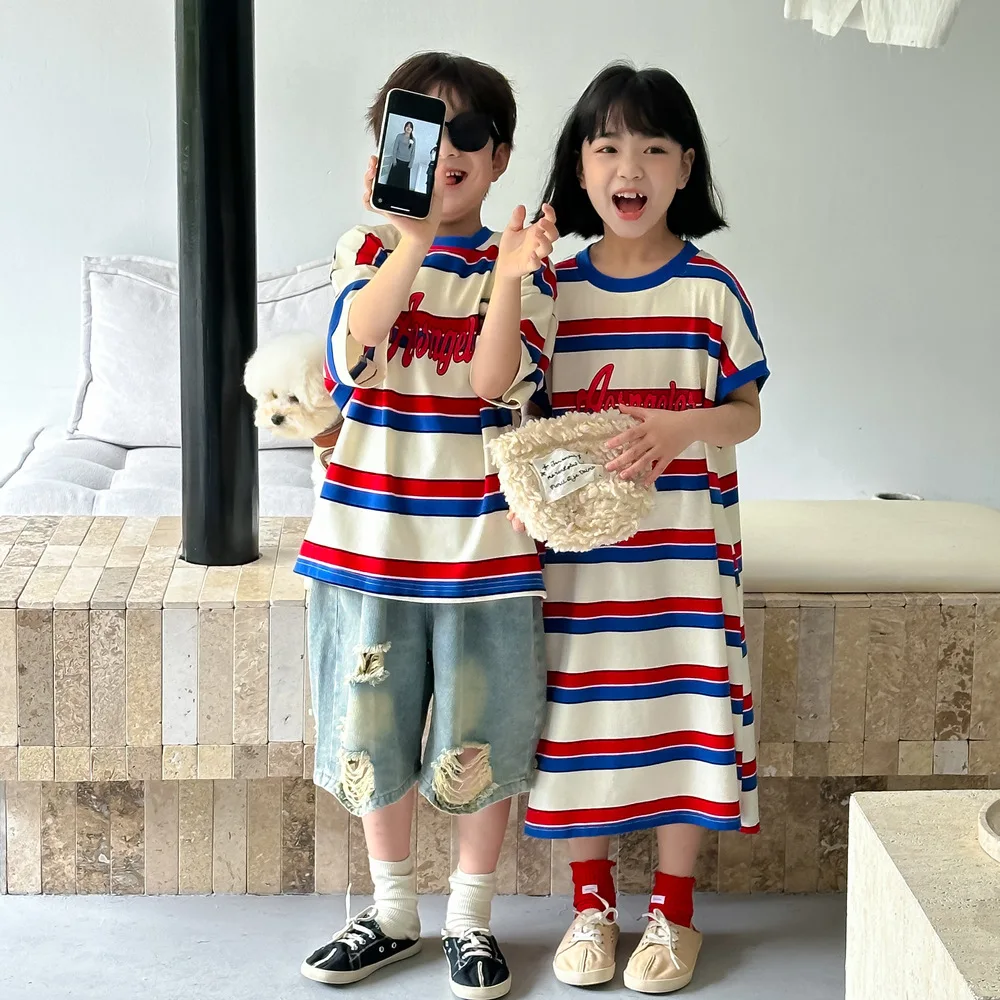 Brother and Sister Clothes Summer New Hot Sale Color Striped Boy's Short-sleeved T Shirt Or Long Loose Girl's Dress