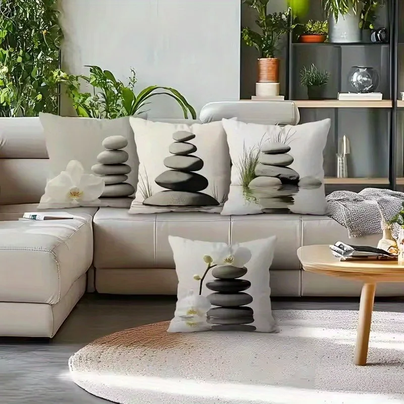 

Zen Stone & Orchid Pillowcase, Artistic Minimalist Design, Serene Home Decor Cushion Cover