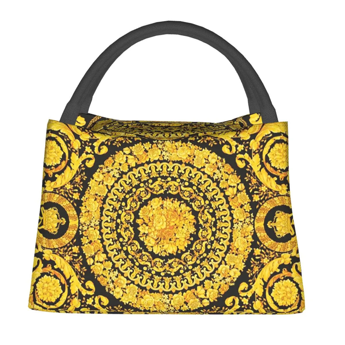 Decorative Golden Medallion Baroque Insulated Lunch Bag for Women Kids Portable Food Boxes Thermal Lunch Box Tote