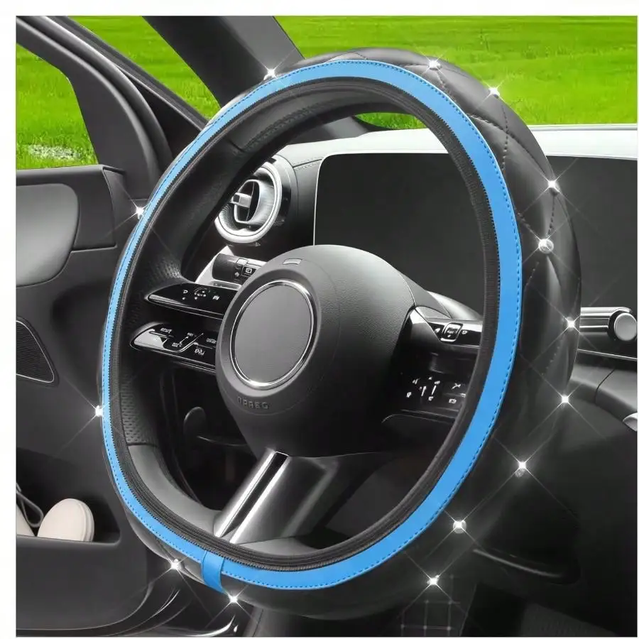 

Sparkling Car Steering Wheel Covers With Rhinestones, Leather 15 Inch Car Wheel Cover Decorations Scratch Universal Driving Wheels Covers Most Vehicles (Blue)