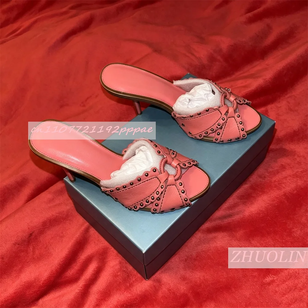 Women Studded Mules High Heel Shoes Pink Pointed Toe Slip On Sandals Bow Detail Fashion Party Elegant Summer Footwear Ladies 46