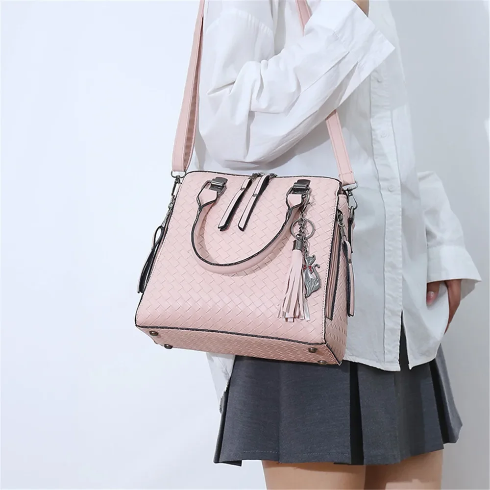 4PCS/SET Women Woven Handbag Casual Tassel Shoulder Crossbody Bag Purse Wallet Fashion Messenger Bags Female Composite Tote Bags