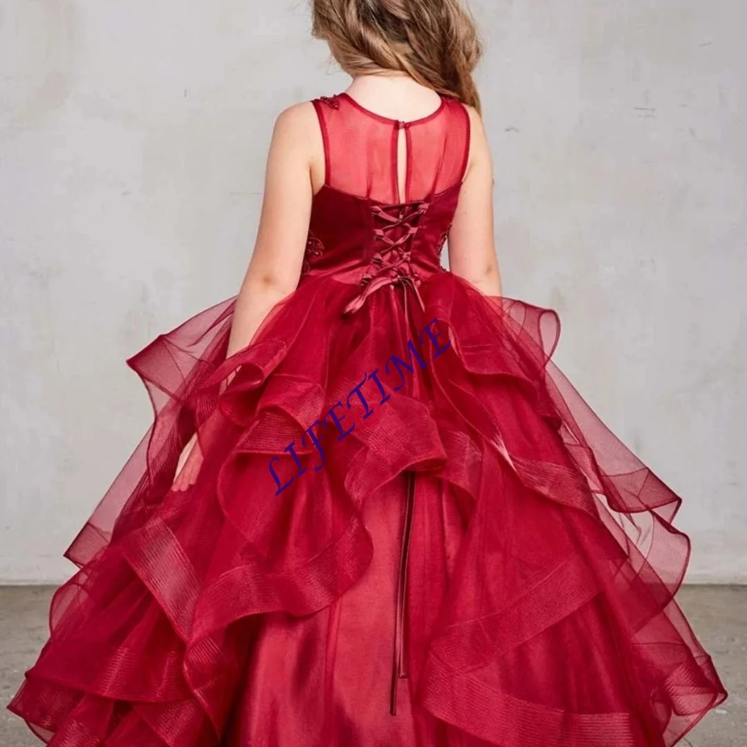 

CustomizedRed Girls Princess Pageant Dress Beaded Applique Ruffled Tulle Flower Girl Dress for Wedding Kids Customized Birthday