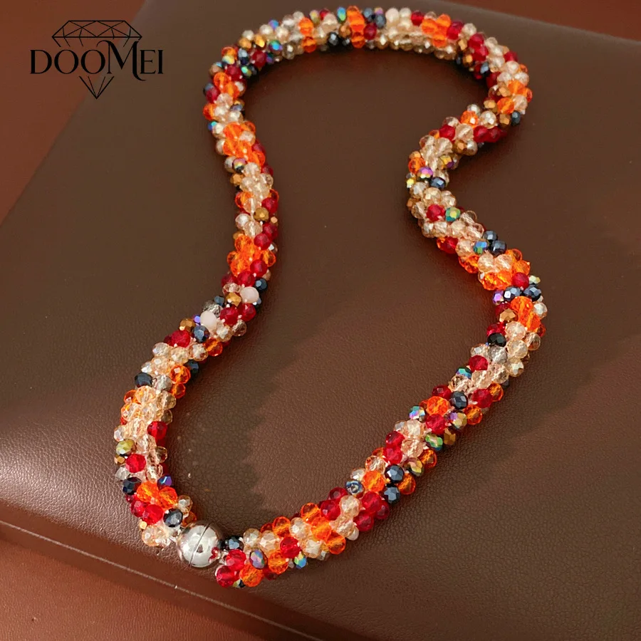 DOO MEI Beaded Choker Necklace for Women Trendy Bohemian Multilayer Colorful Crystal Beads Clavicle Chain Vacation Daily Jewelry