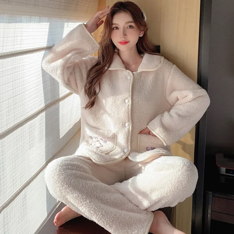 100KG 5XL Plus Size Winter Fleece Pajamas Set Women\'s Loose Cardigan Pant Home Suit Korean Sweet Warm Flannel Loungewear Suit