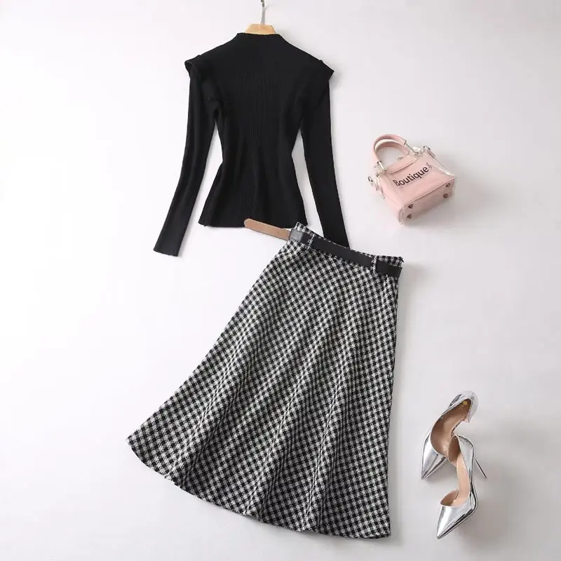 Black Knitted Cotton Top and Plaid Skirt Set, Kate Princess, Black