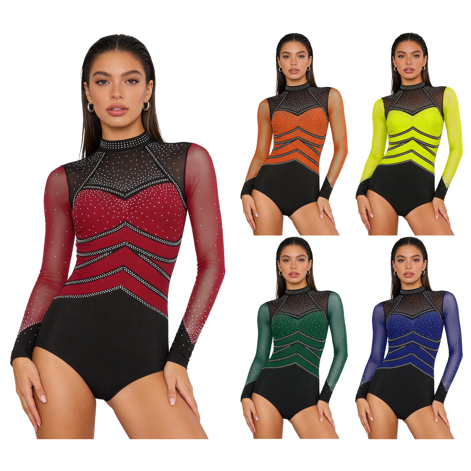 Vrouwen Strass Ritmische Maillots Gymnastiek Bodysuit Sheer Mesh Lange Mouw Kruis Knoppen Jumpsuit Kunstschaatsen Dancewear