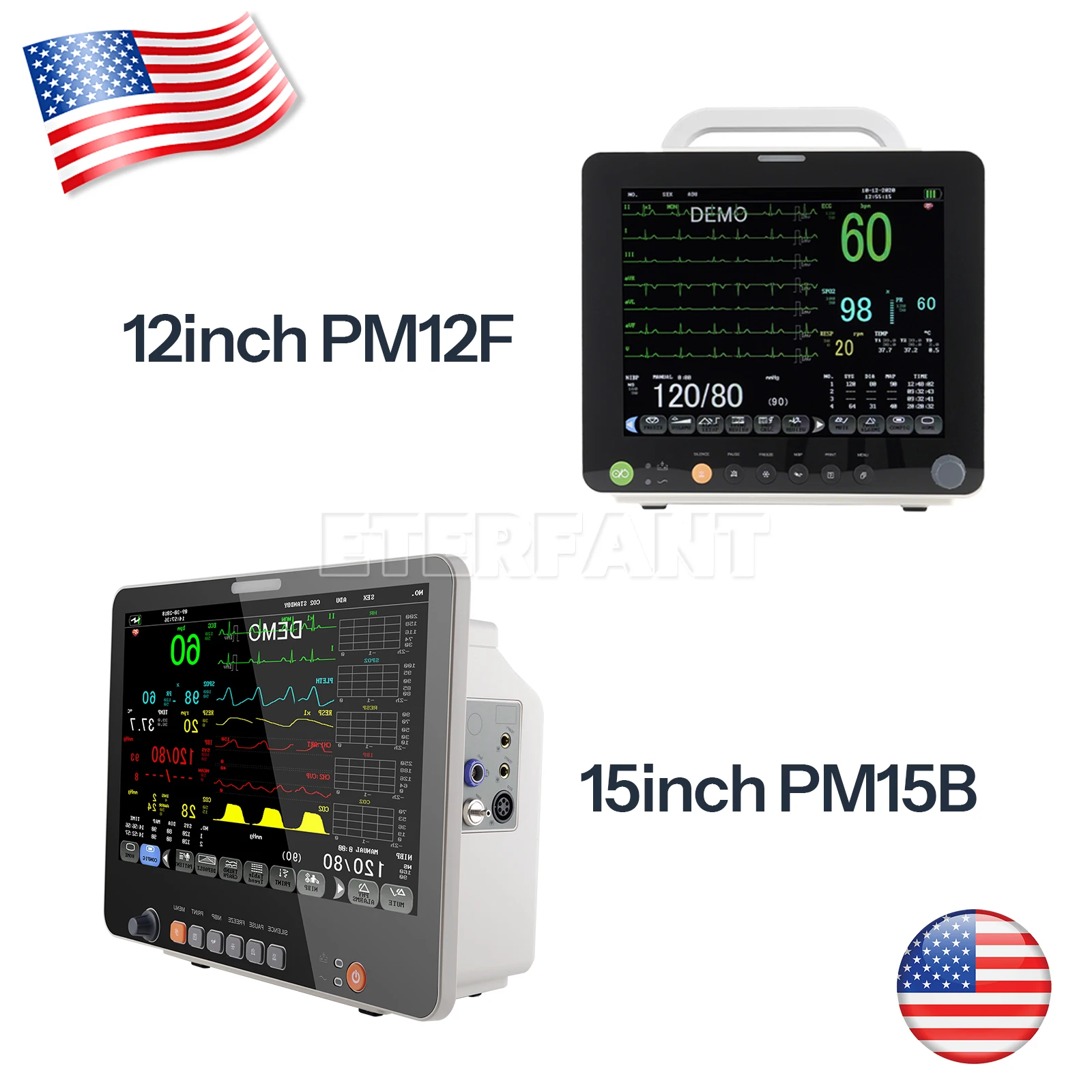 

ETERFANT 12"/15.6" Patient Monitor ICU CCU Vital Sign for Hospital ECG NIBP RESP TEMP SPO2 PR 3 Working Modes PM15B