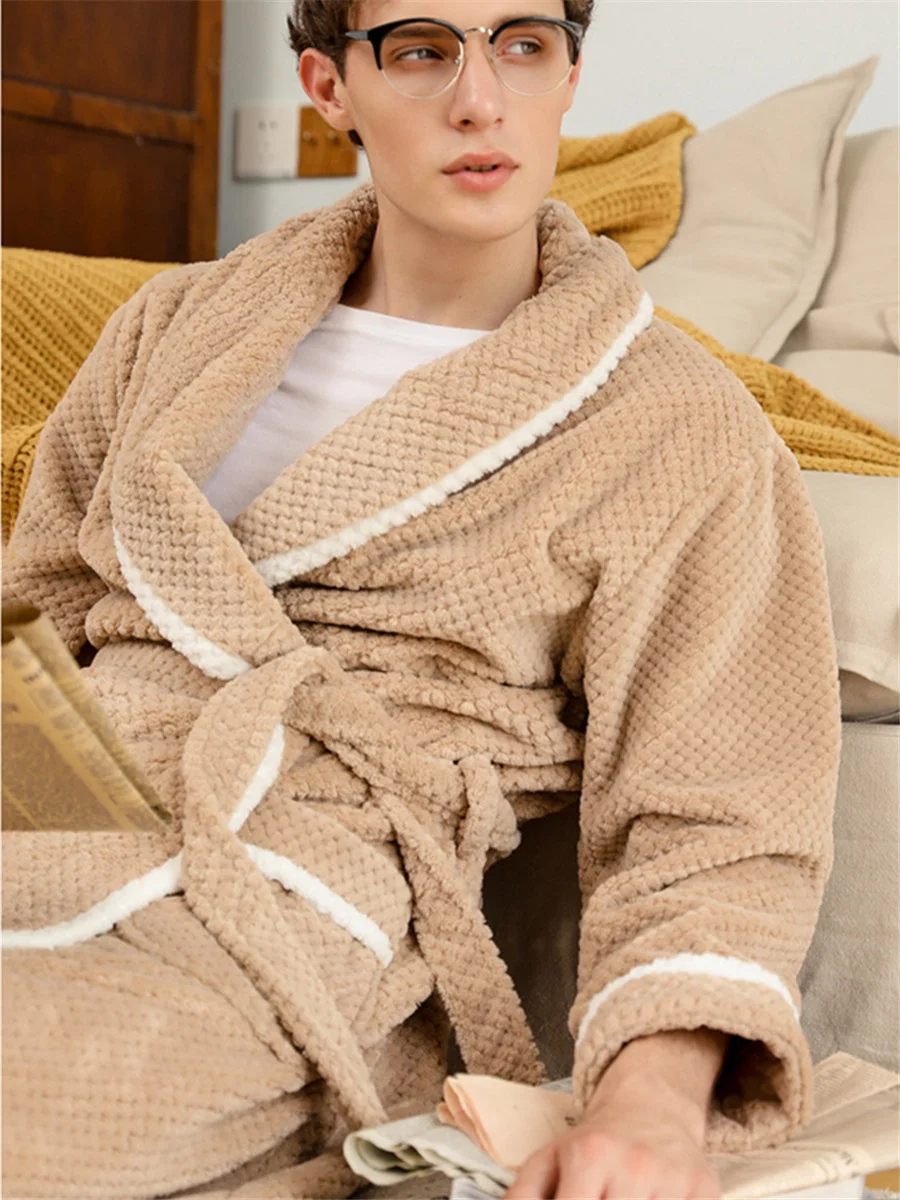 Warm Autumn Winter Flannel Men Bathrobe Thick Long Night Sleepwear Velvet Kimono Robe Men\'s Clothing Homewear Dressing Gown