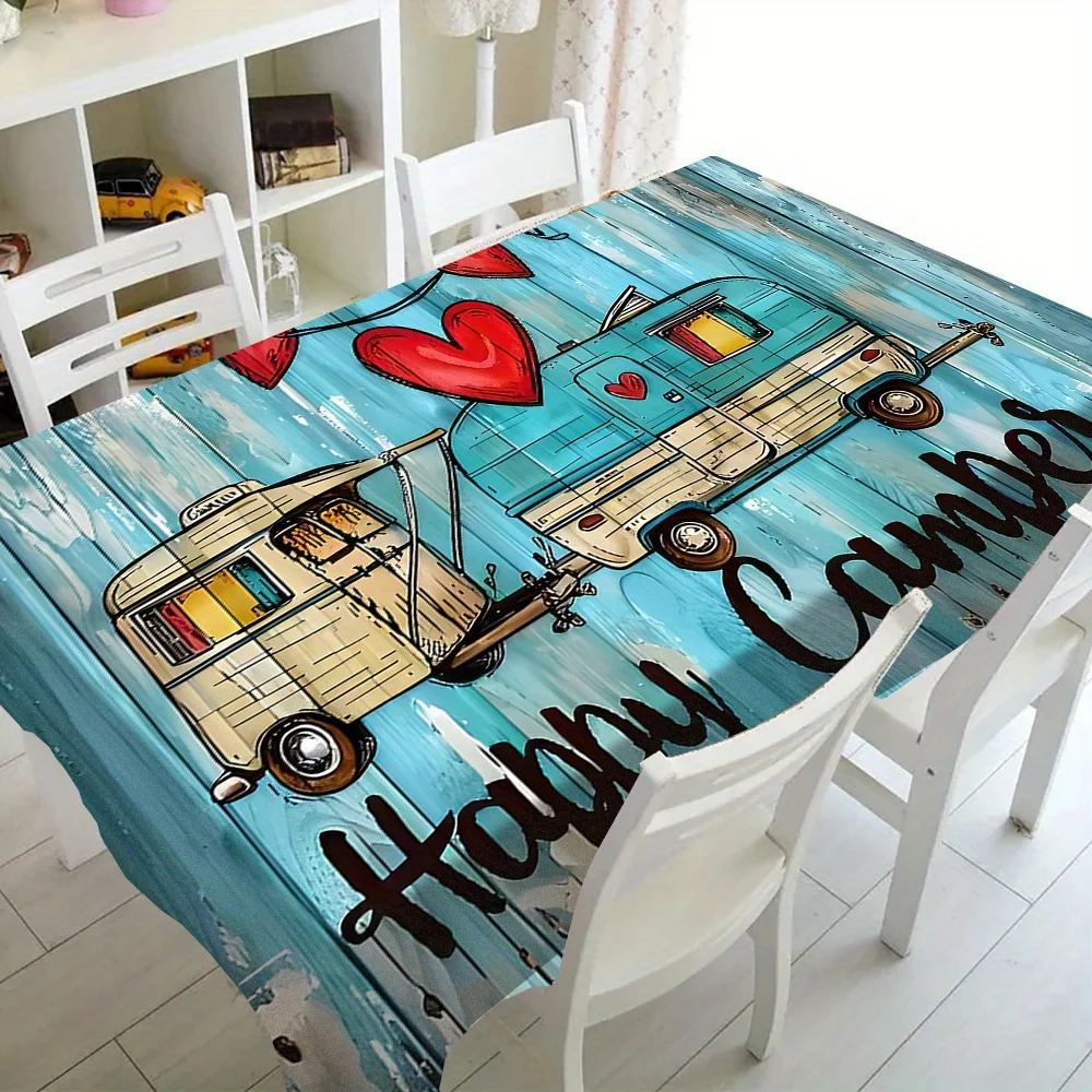 Rectangular tablecloth, cheerful adventure camper van and simple wooden boards, with heart-shaped embellishments printed on them