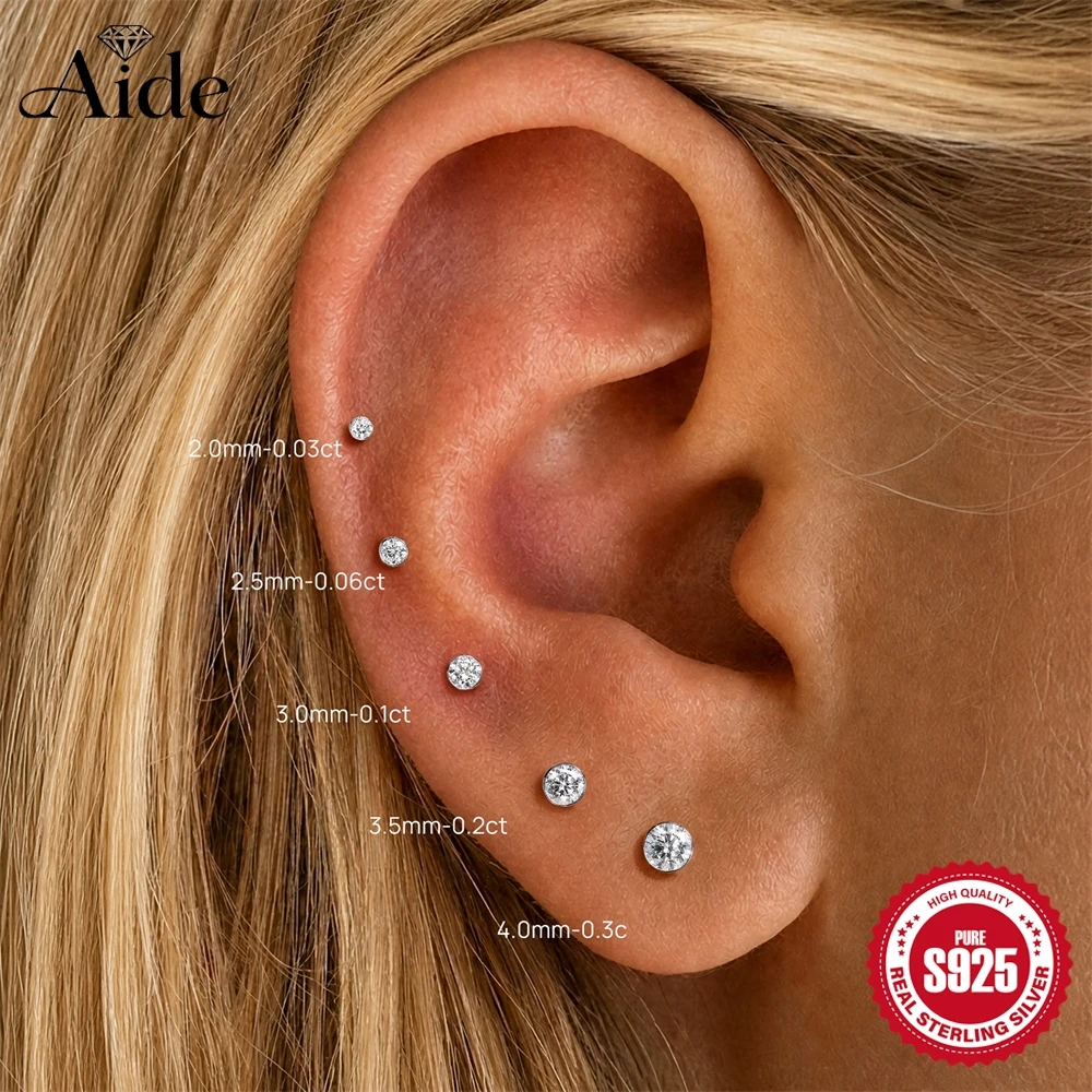 AIDE Sparkling Moissanite Classic Round Women's Multi Size Flat Back Cartilage Piercing 925 Sterling Silver Attached Certificate