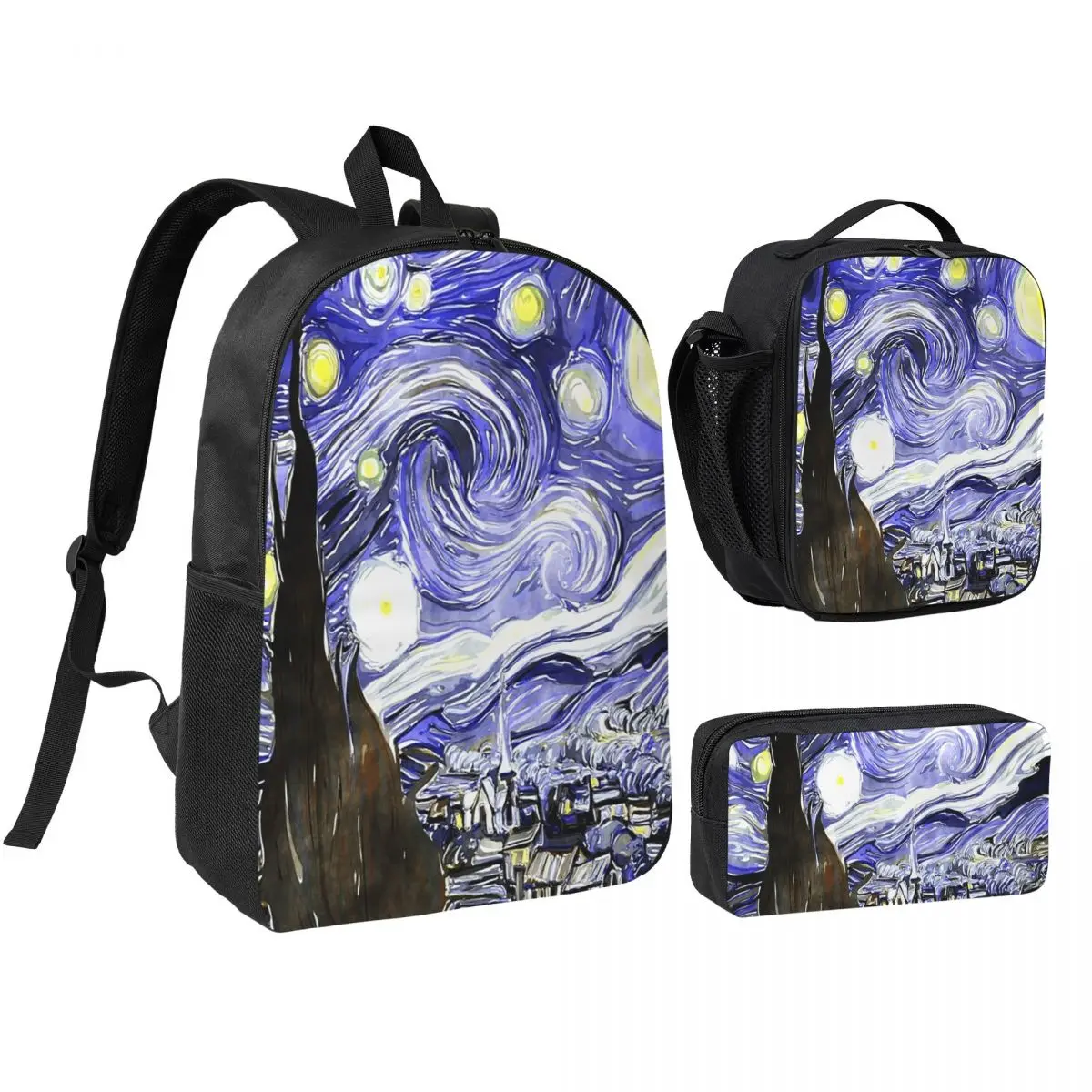 Vincent Van Gogh Paintings Starry Nigh Backpack Boys Girls BookBag School Bag Shoulder Bags 3ps Insulated Lunch Bag Pencil Case