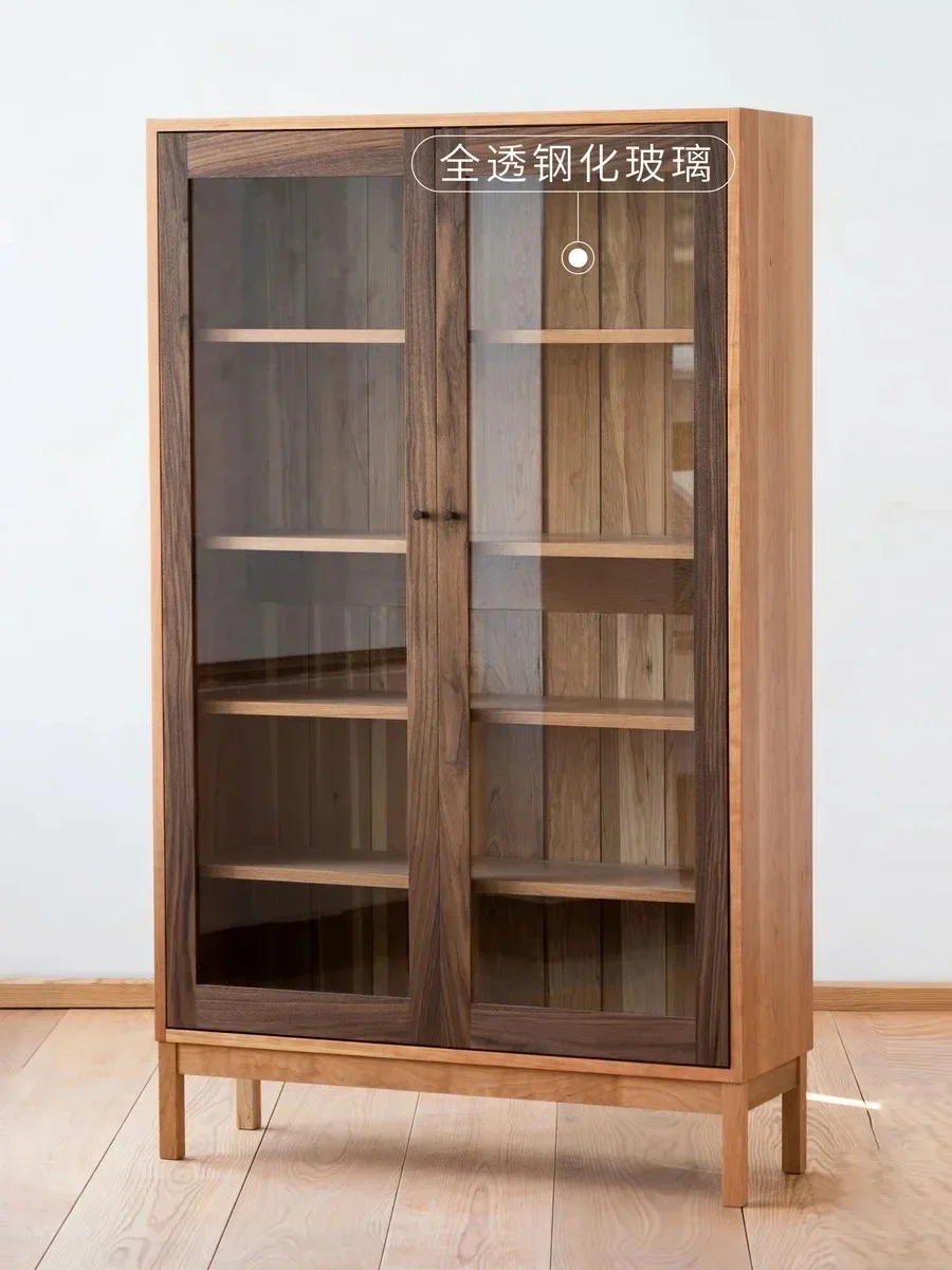 Glass Bookcase Contrast Color Minimalist Log Bookcase Bookshelf Solid Wood Floor Display Locker